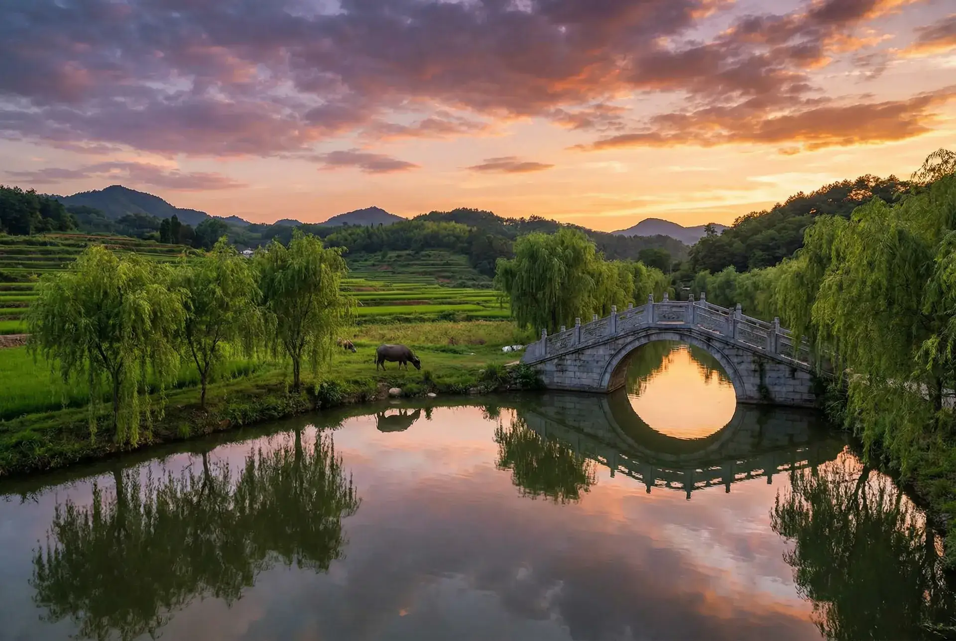 夕阳下的石拱桥与垂柳，水牛在河边吃草 - YW龙物高清免费 乡村美景
